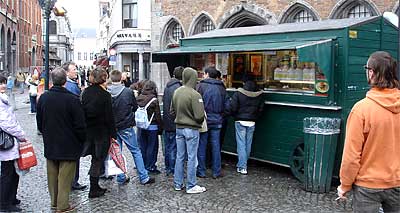 Lining up for French fries in Bruges