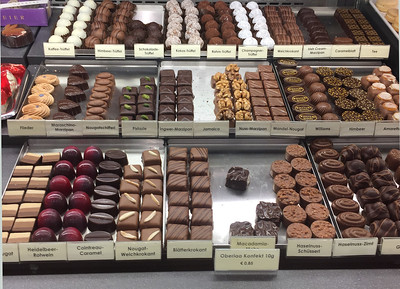 chocolates on display in a shop