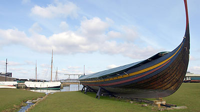 A replica of a Viking ship in Roskilde harbor