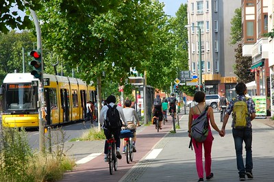 Berlin streetscape with bus lane, bike lane and pedestrian lane