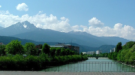 aerial view of forest, river and mountain in Innsbruck, Austria
