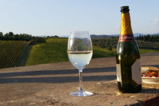 glass of wine and bottle on table with vineyards in distance