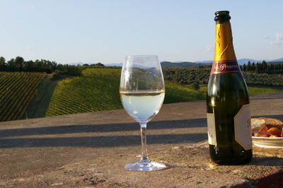 glass of wine and bottle on table with vineyards in distance