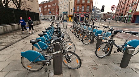 blue bikes docked in Dublin
