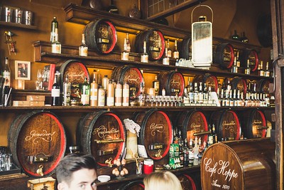 liquor barrels and bottles on liquor displayed on wall in a bar