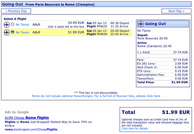 Ryanair flight Paris to Rome