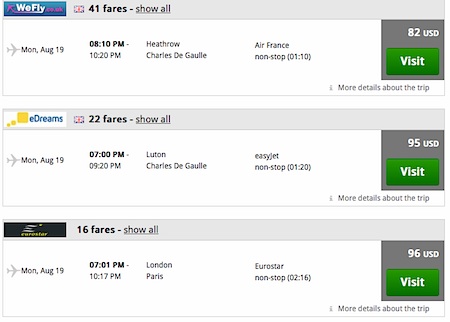 Our new flights search also includes Eurostar trains, when they compare favorably to flights. In this example, the Eurostar costs almost the same as the Air France and easyJet flights.