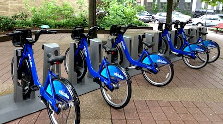 blue Citibikes at station in NYC