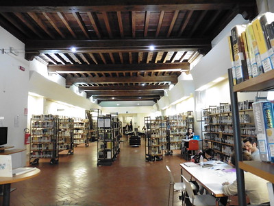 library interior with wood beam ceiling