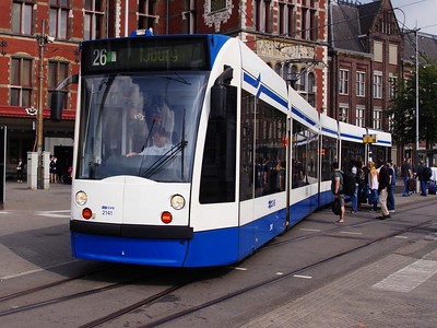 blue and white tram in Amsterdam