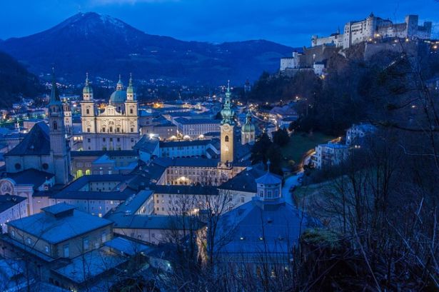 aerial view of Salzburg at night