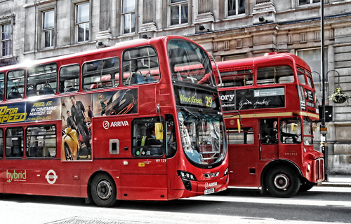 red double-decker buses in London