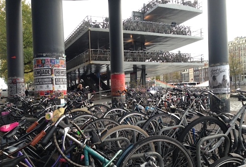 Next time I'll rent one of these. (Bikes parked at the impressive three-story bike parking garage next to Centraal Station.)