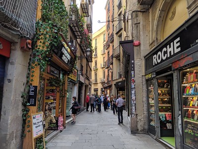 shops lining a narrow street in Barcelona