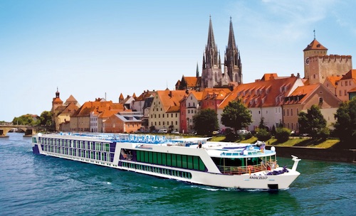 An AMA Waterways cruise passing through Regensburg, Germany.