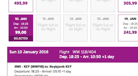 screenshot of flight ticket purchasing page on Wow Air