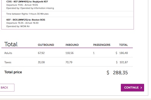 One $99 ticket to Paris, and one $198 ticket back to Boston.