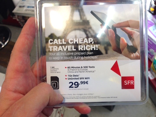 You'll see plenty of SIM-related packages at newsstands in France and throughout Europe, like SFR's "Call Cheap" package for visitors. Photo: EuroCheapo