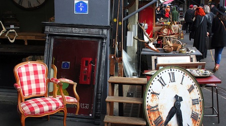 clock and gingham chair at Paris Flea Market