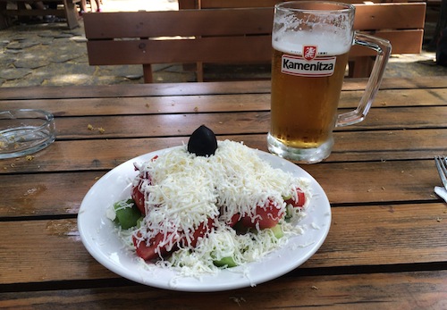 Shopska salad and a cold beer at Restaurant Rahat Tepe. Photo: Craig Nelson