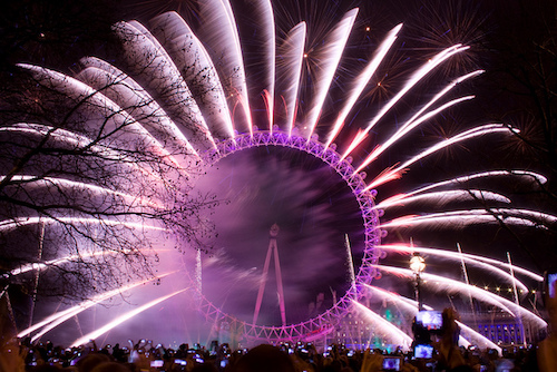 Fireworks light up the London Eye on New Year's Eve. Photo: Paul B