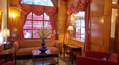 The lovely lobby of St. James Hotel is just off of Times Square. Photo: Booking.com