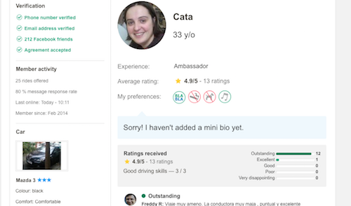 Every BlaBla Car driver has a public rating and reviews. 