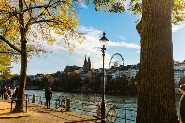 person looking across a river toward houses and a Ferris wheel