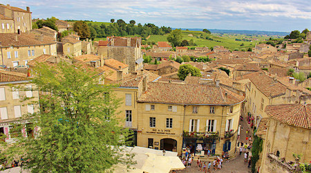 aerial view of yellow homes in Saint-Emilion