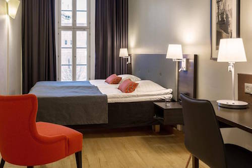 black, white and red hotel room