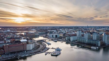 aerial view of Helsinki at sunset