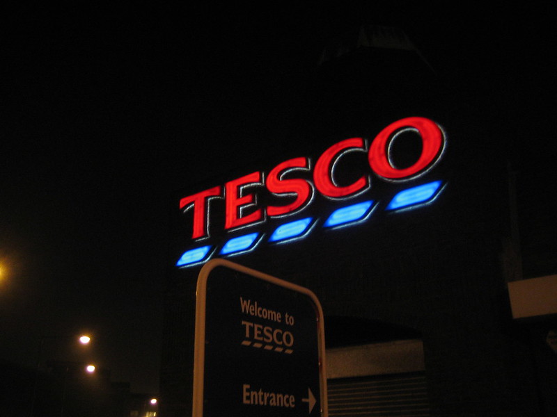 neon sign that reads Tesco