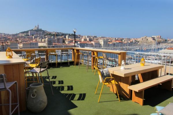 rooftop terrace with port views