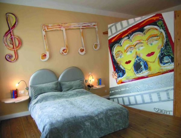 hotel room with large wall mural