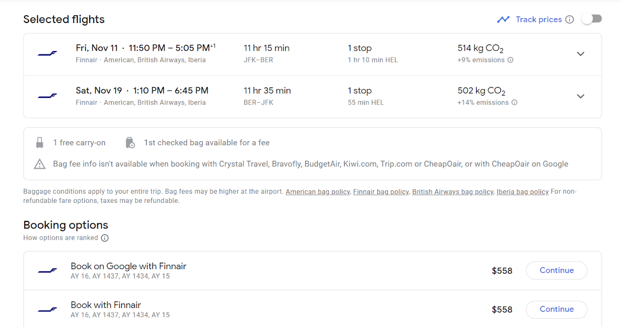 screenshot of Google Flights from JFK airport to Berlin