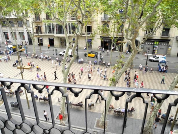 hotel balcony over a pedestrian street in Barcelona